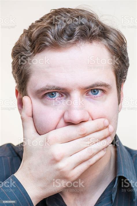 Quiet Keep Silence Blueeyed Man Covering His Mouth With Fingers Stock