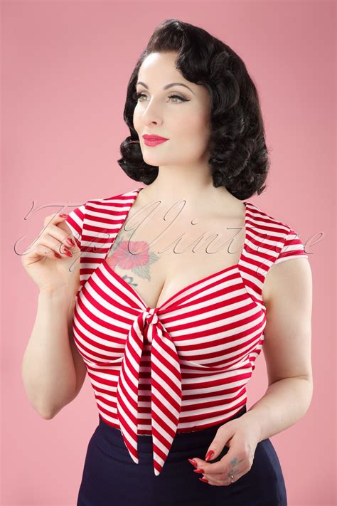 50s Tatiana Tie Top In Red And White Stripes