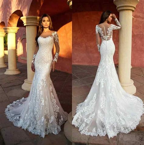 2019 new illusion long sleeves lace mermaid wedding dress tulle