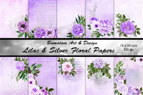 lilac silver floral scrapbook papers graphic  bamalam art design creative fabrica