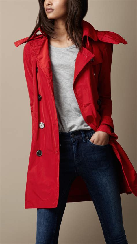 lyst burberry brit midlength technical taffeta hooded trench coat  red