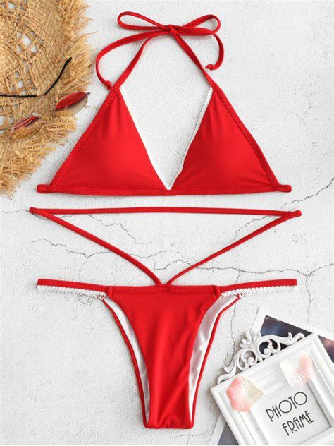 [16 Off] 2021 Halter Lace Trim String Bikini In Fire Engine Red Zaful