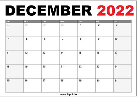 december   calendar printable hipiinfo