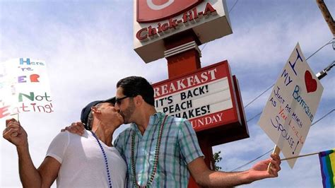 chick fil a protesters hold kiss in to support gay rights