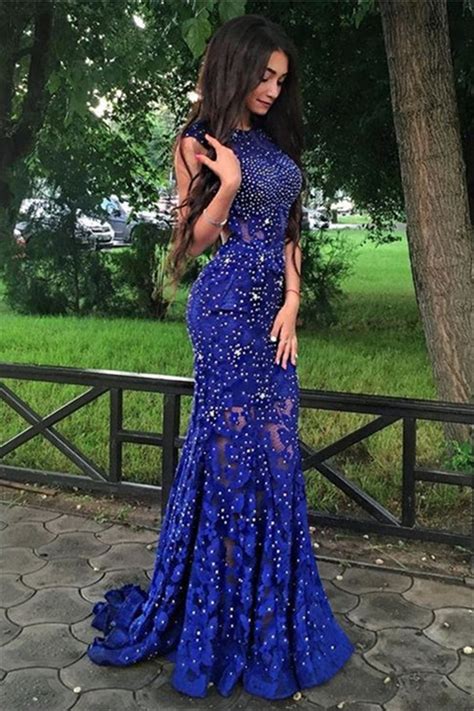 Gorgeous Sheath Open Back Royal Blue Lace Sparkly Prom Dress