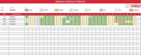 working schedule template   monthly work schedule template crew