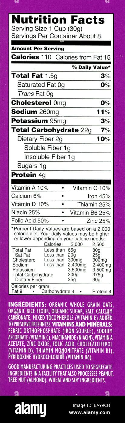 nutrition facts label   box  organic os cereal stock photo