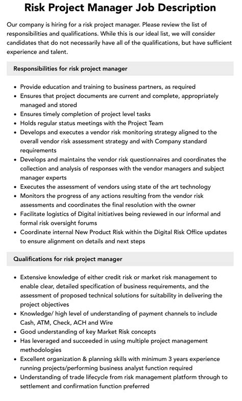Risk Project Manager Job Description Velvet Jobs