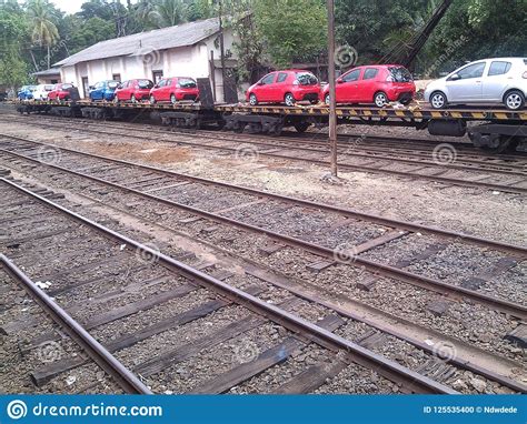 cars carrying   train red blue silver stock photo image  blue