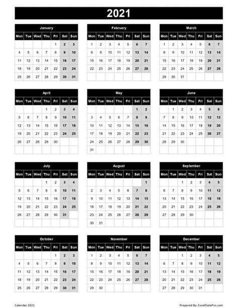 Download 2021 Yearly Calendar Mon Start Excel Template