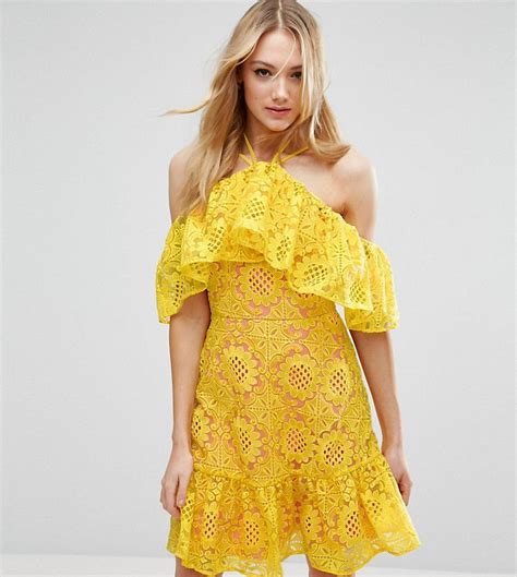 asos tall asos tall premium lace  shoulder dress  contrast lining yellow lace dresses