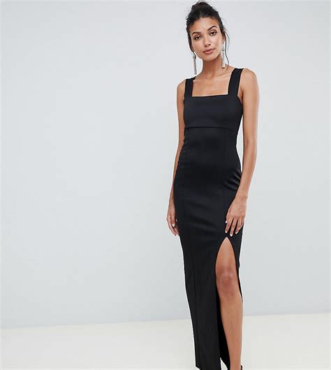 asos design tall lange jurk met vierkante hals en dijsplit zwart tall fashion