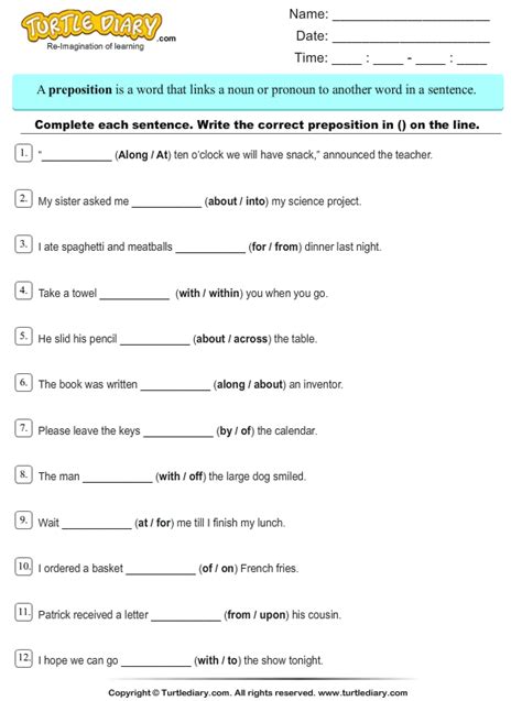 choose prepositions  complete sentences worksheet turtle diary