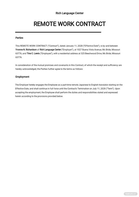 employee remote work contract template  google docs word