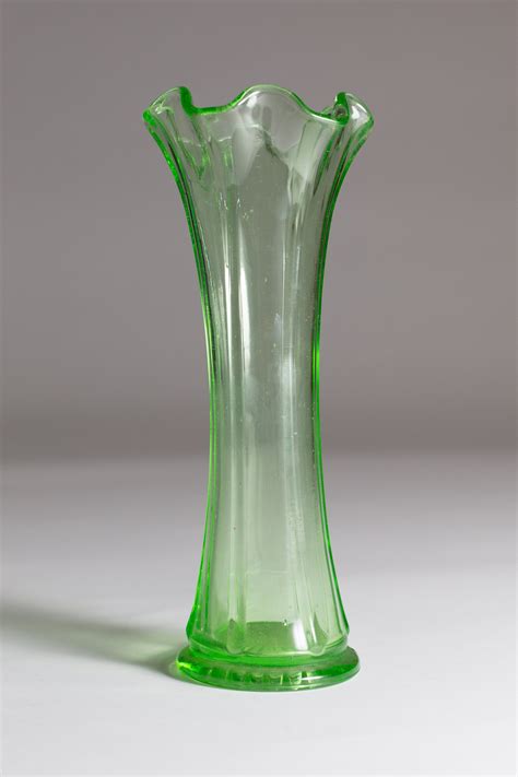 green glass vase vaseline uranium glass antique depression glass decor ruffled fluted