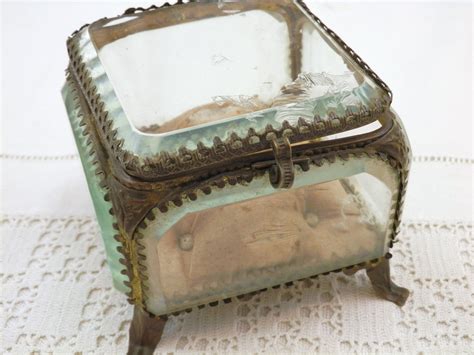 French Antique Square Thick Beveled Glass Jewelry Box With Padded