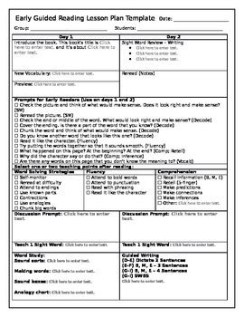 early guided reading lesson plan template editable  sara whitener