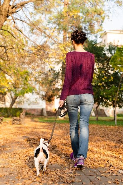 Vista Posterior Mujer Paseando A Su Perro En El Parque Foto Gratis