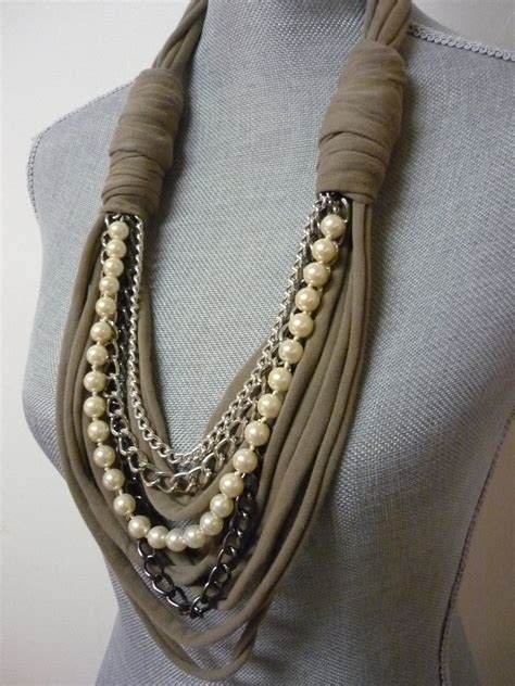 chunky scarf necklace wchains  pearls taupe silver