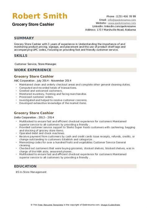 grocery store cashier resume samples qwikresume