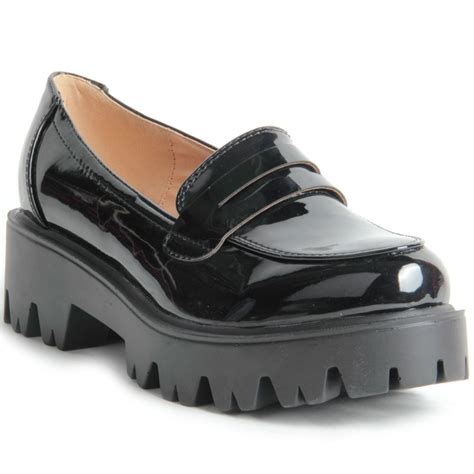 women ladies cleated chunky platform sole flat loafer black patent school shoes