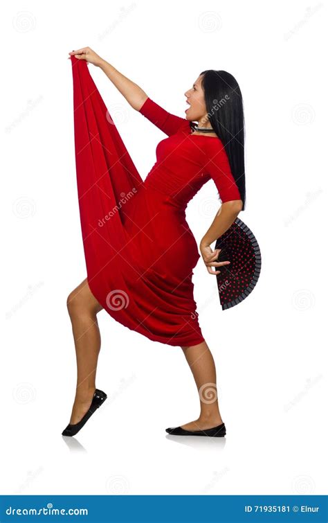 La Mujer En Vestido Rojo Con La Fan Aislada En Blanco Imagen De Archivo
