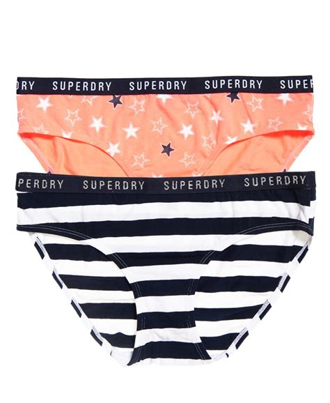 womens college briefs double pack in star coral navy stripe superdry