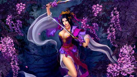 Asian Girl Woman Warrior Purple Flower Sword Fantasy Art