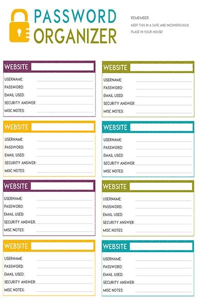 printable password organizer aka printable password sheet