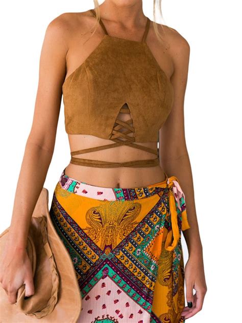 brown spaghetti strap cross tie cropped suede camis