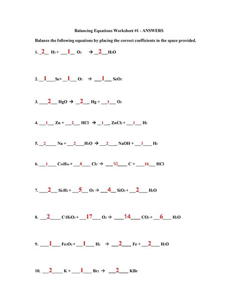 balancing chemical equations practice worksheet answer key