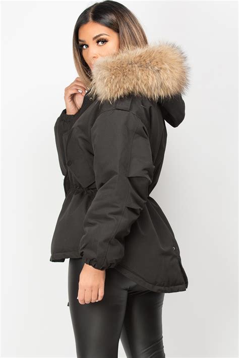 womens black natural raccoon fur hooded parka coat jacket styledupcouk