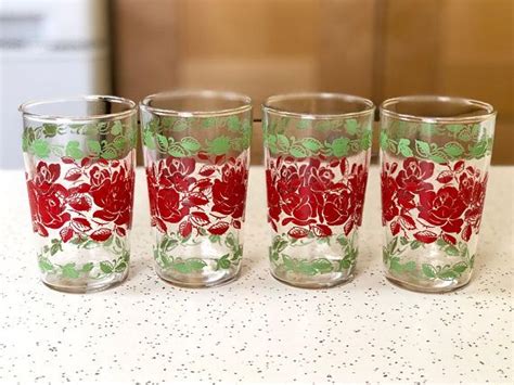 Vintage Juice Glasses Red Rose Flower Juice Glass Drinking Glasses