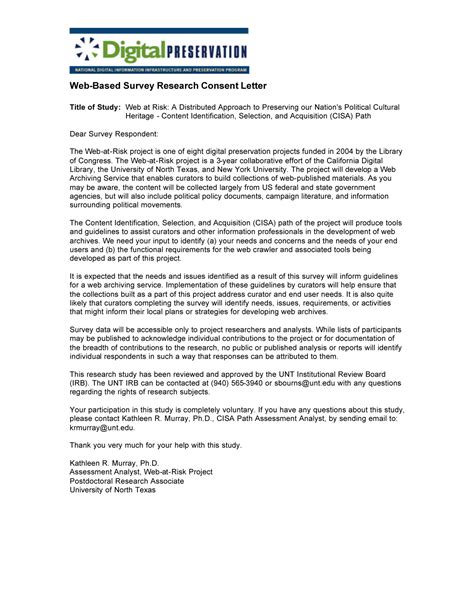 web based survey research consent letter page  unt digital library