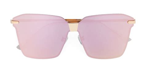 gold oversized square rimless mirrored polarized sunglasses with pink