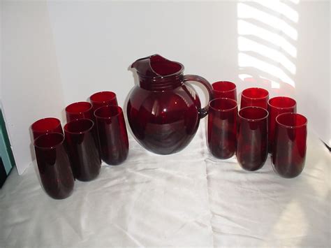 vintage 1940 s anchor hocking royal ruby ball pitcher and 12
