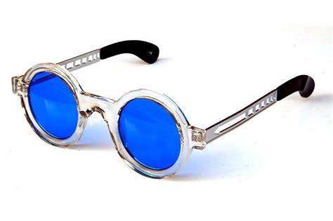 Round Sunglasses Clear Plastic Frame Blue Lenses Metal Temples Tek Ht