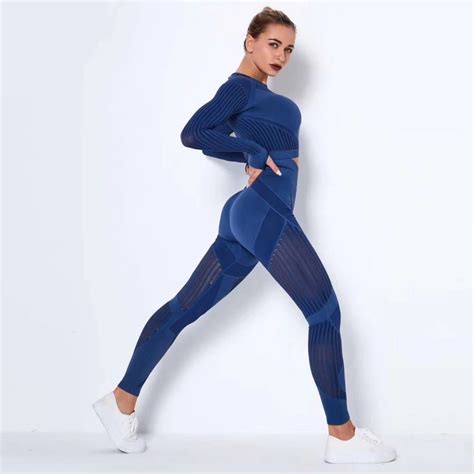 women seamless gym sets high waist gym mesh leggings shirts suit long
