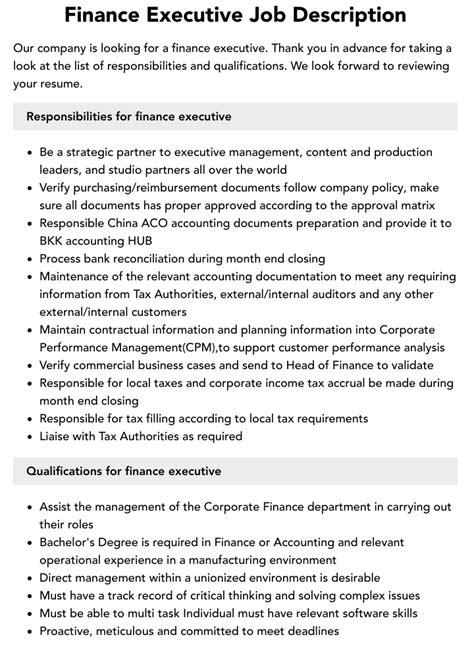 finance executive job description velvet jobs