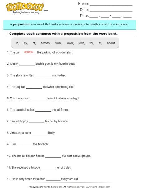 fourth grade preposition worksheet   preposition worksheets