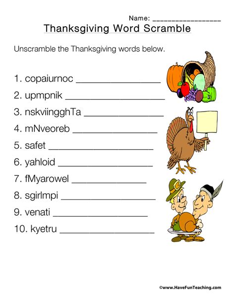 thanksgiving word scramble worksheet  fun teaching