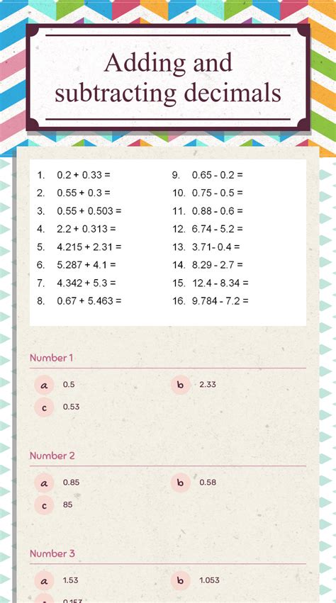 adding  subtracting decimals interactive worksheet  stephany