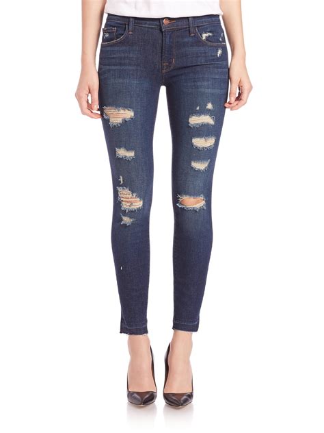 brand distressed  rise cropped skinny jeans  blue lyst