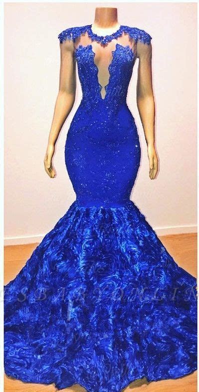 royal blue flowers mermaid long evening gowns glamorous sleeveless  lace appliques