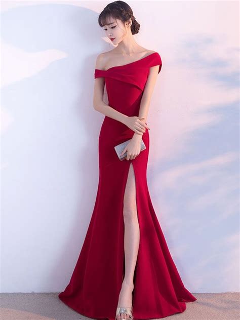 solid color slash neck strapless sheath evening dresses long red evening dress red evening