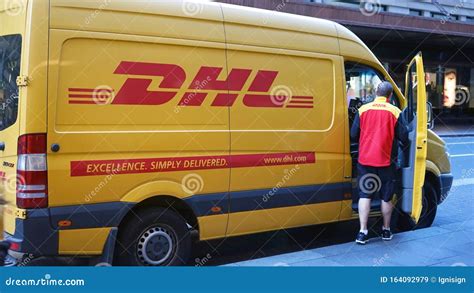 dhl yellow postal van  dhl employee making delivery editorial stock image image  global