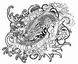Dragon Coloring Japanese Tattoo Style Vector Drawn Hand Book Traditional Drawing Flower Ocean Lotus sketch template