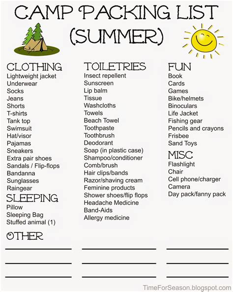 time  seasons personal camp packing lists  printable