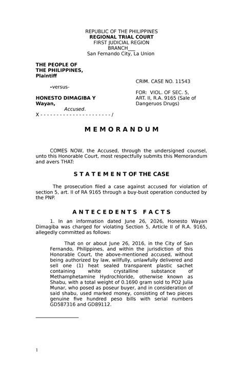 legal memorandum sample republic   philippines regional trial