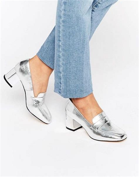 leather metallic heeled loafer metallic slippers